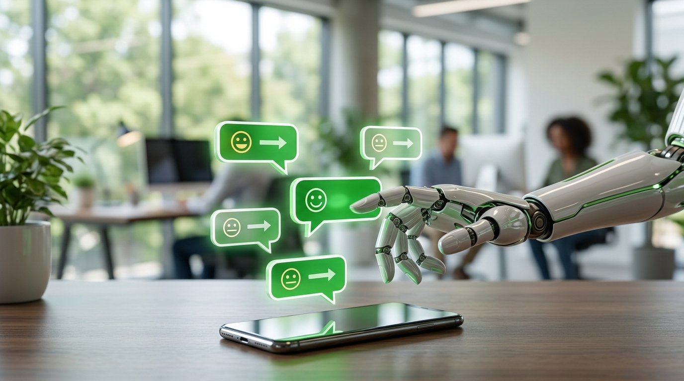 Ícone de um robô de inteligência artificial interagindo com balões de chat, simbolizando a automação do atendimento.