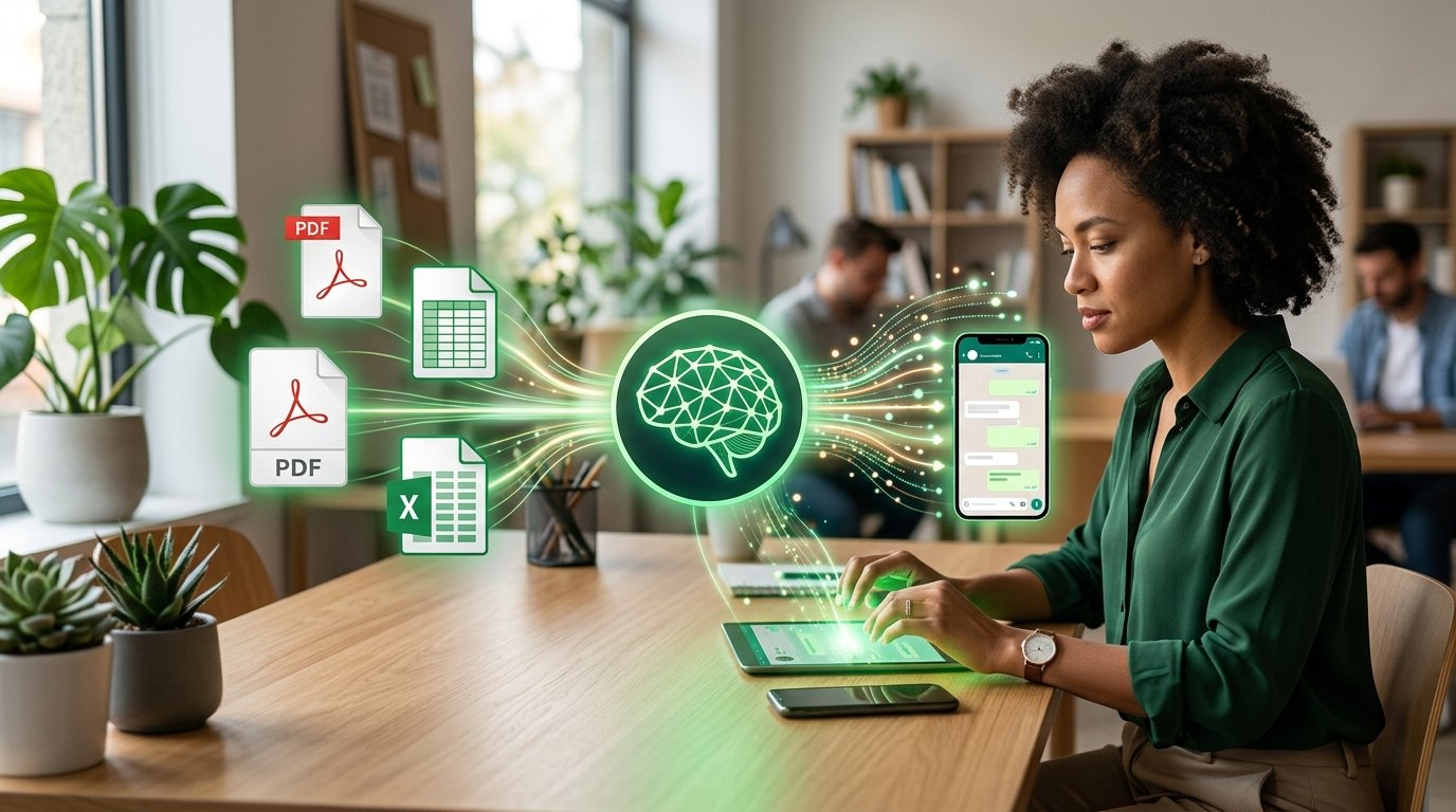 Ícones de arquivos PDF e planilhas sendo processados por um ícone de inteligência artificial.