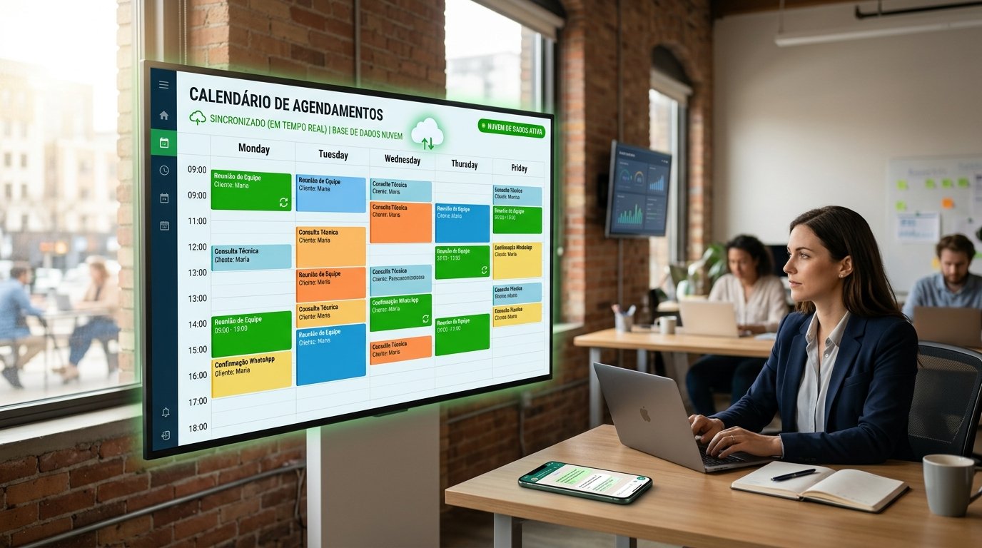 Ilustração de um calendário digital sincronizado com um banco de dados em nuvem