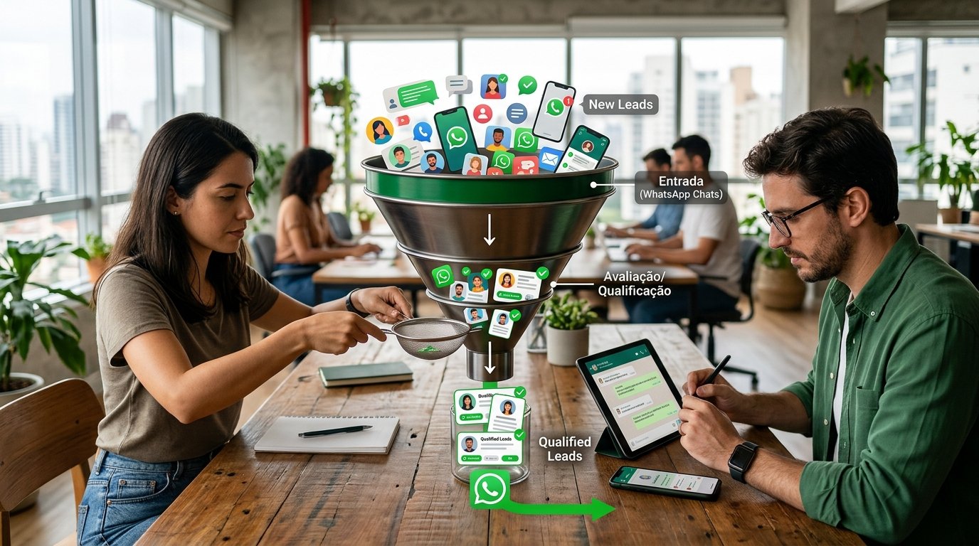 Ilustração de um funil de vendas representando a qualificação de leads no WhatsApp.
