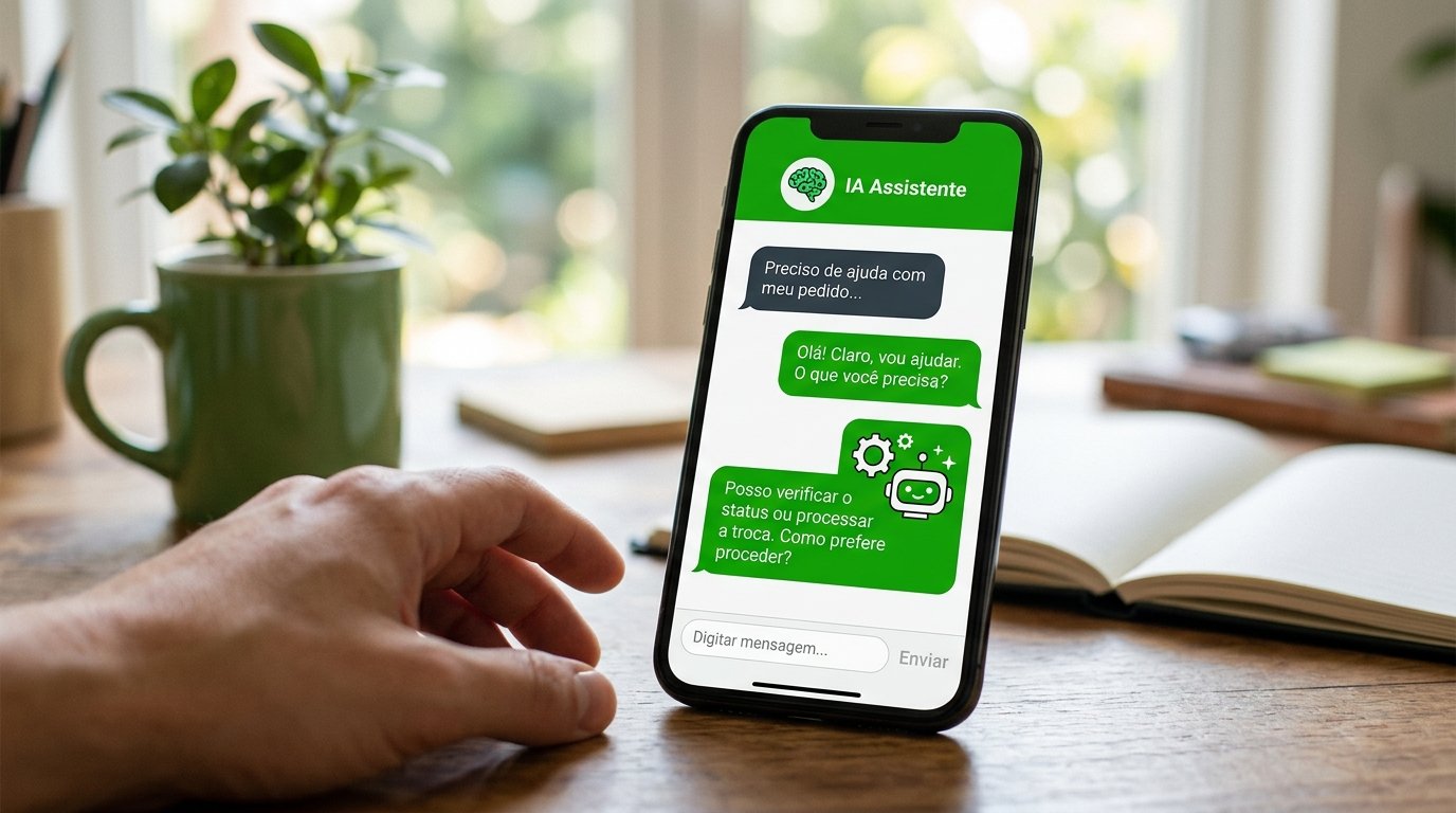 Ilustração de um smartphone com ícones de inteligência artificial e mensagens de chat.