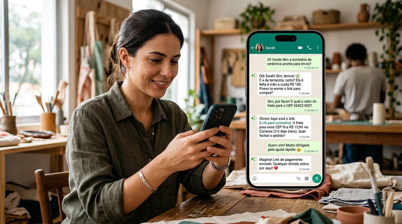 Ilustração de um smartphone exibindo uma conversa fluida gerada por inteligência artificial.