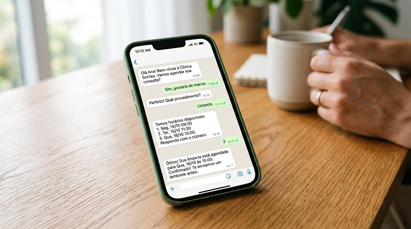 Interface de um smartphone mostrando uma conversa de agendamento automático pelo WhatsApp