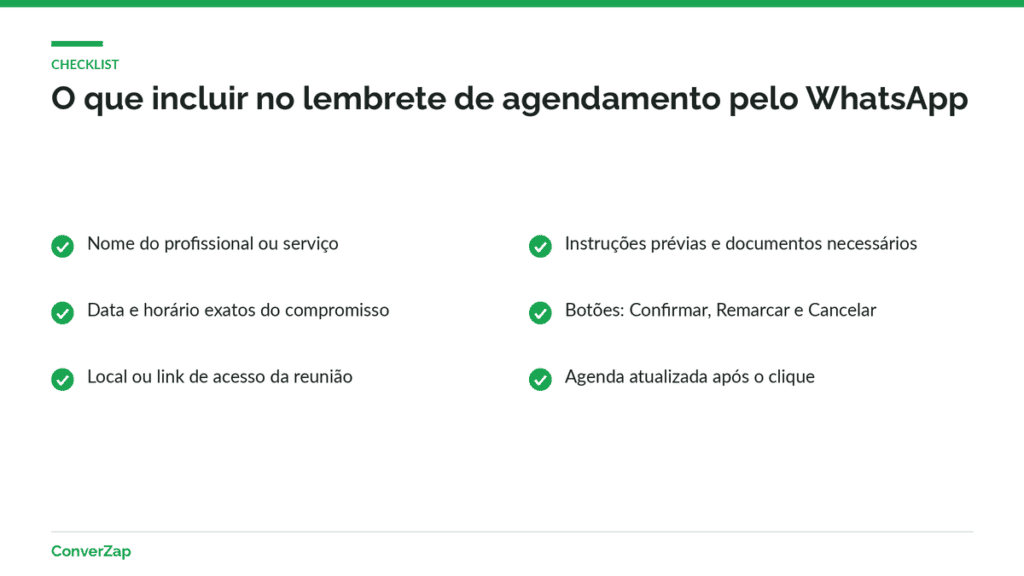 Checklist do que incluir em lembretes de agendamento pelo WhatsApp com template de utilidade e botões interativos
