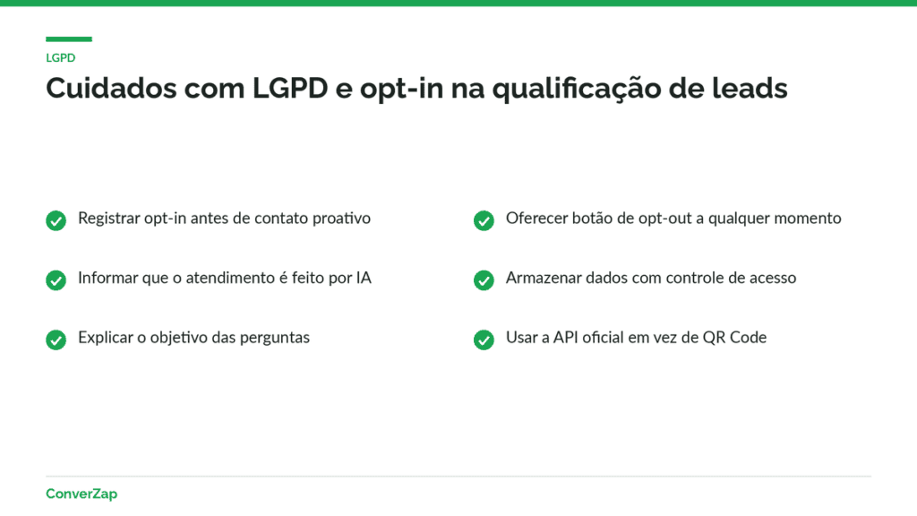 Checklist de cuidados com LGPD e opt-in na qualificação de leads no WhatsApp com agente de IA