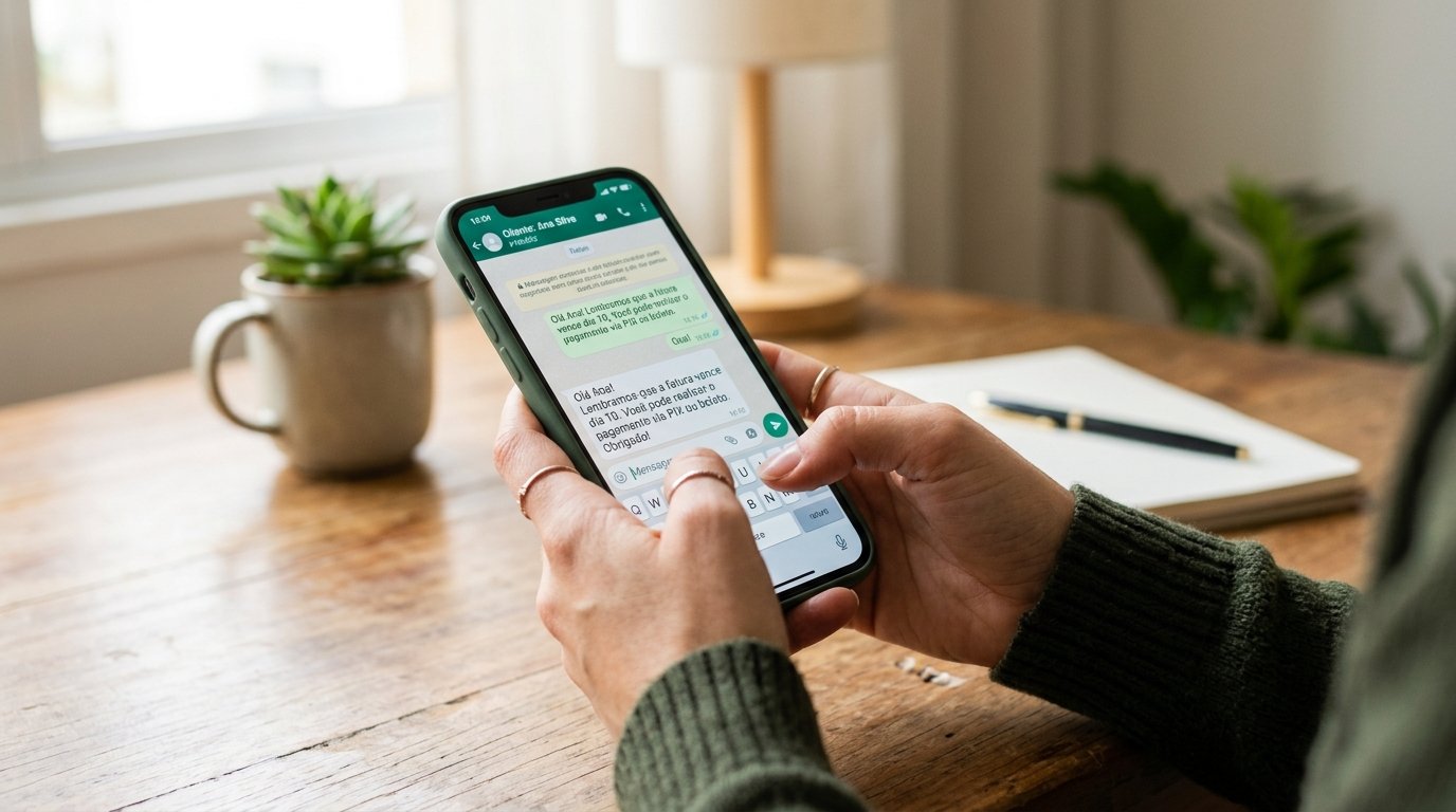 Mãos digitando uma mensagem de texto no smartphone