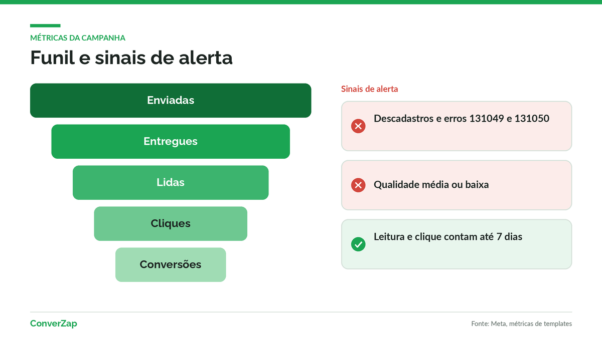 Funil de métricas do disparo em massa no WhatsApp, de enviadas a conversões, com sinais de alerta