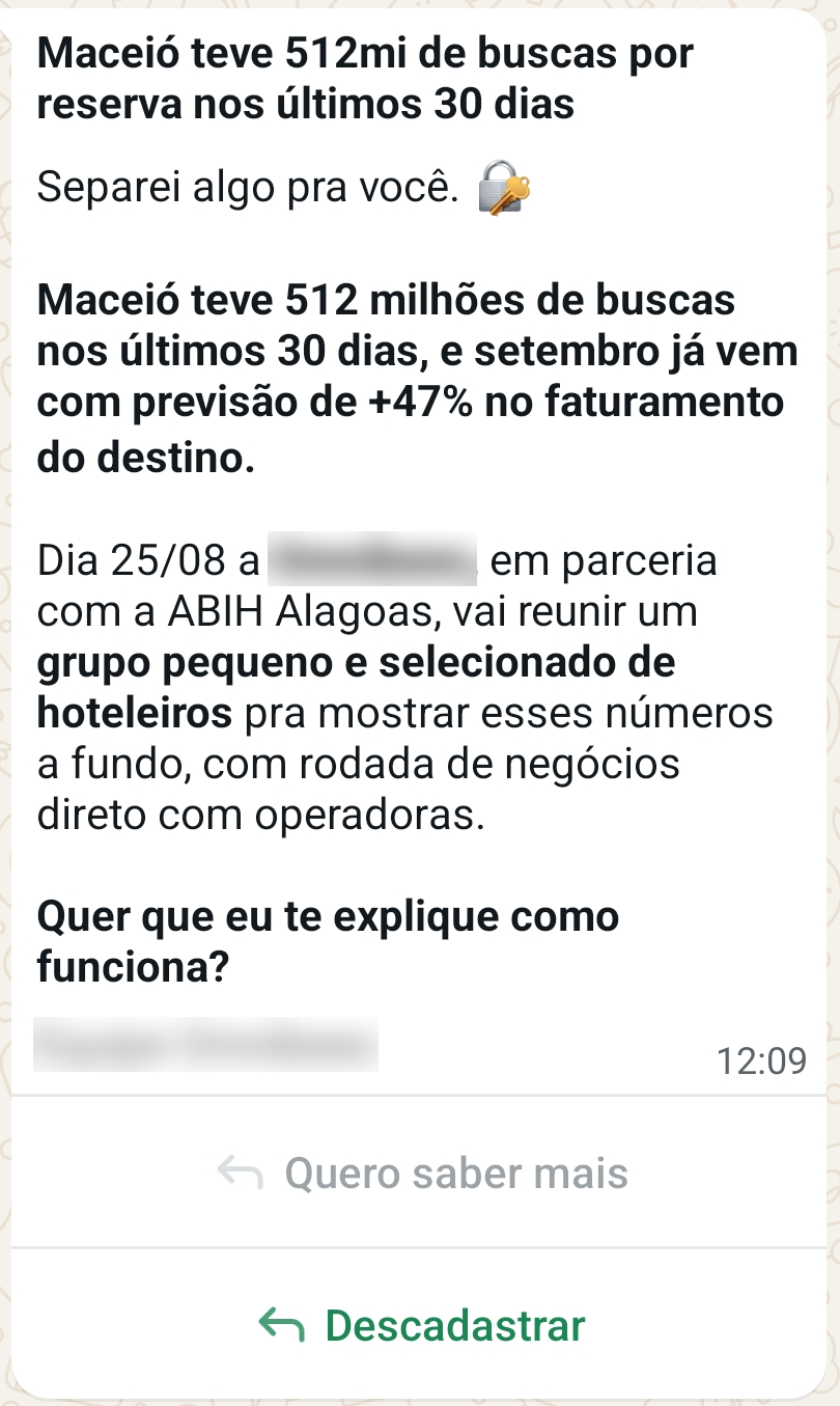 Modelo de mensagem do WhatsApp com botões Quero saber mais e Descadastrar, enviado pela API oficial