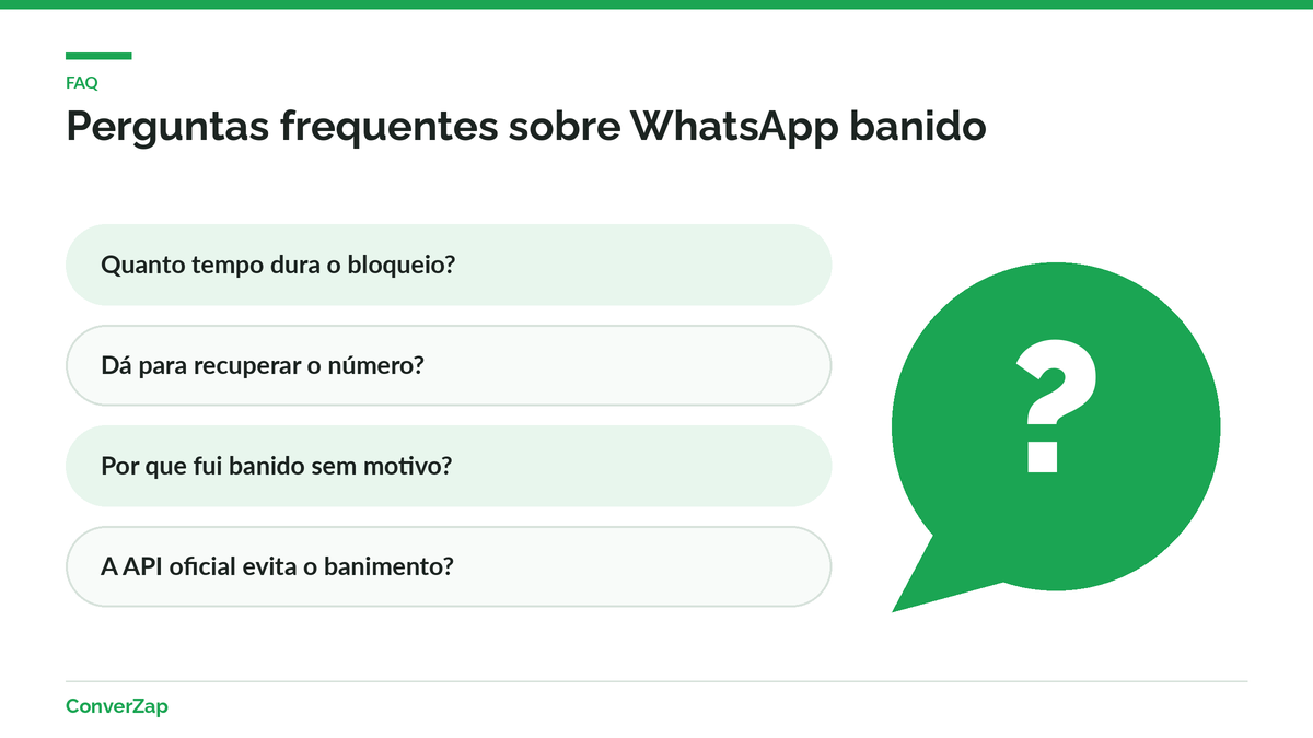 Perguntas frequentes sobre bloqueio e banimento no WhatsApp: prazo, recuperação do número e API oficial