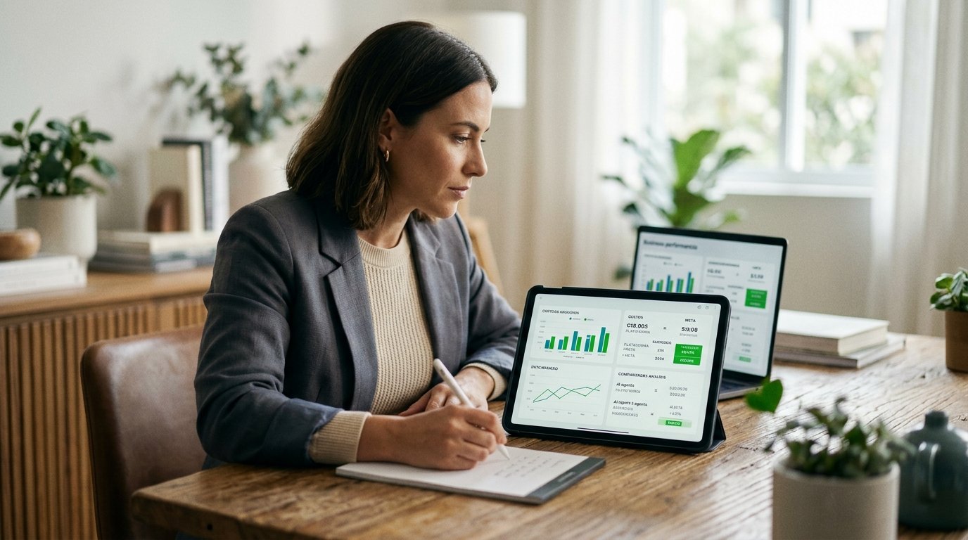 Pessoa analisando gráficos financeiros e calculando custos em um tablet.