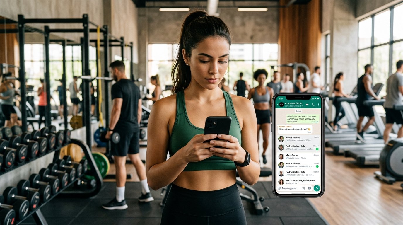 Pessoa segurando um smartphone com aplicativo de mensagens em uma academia