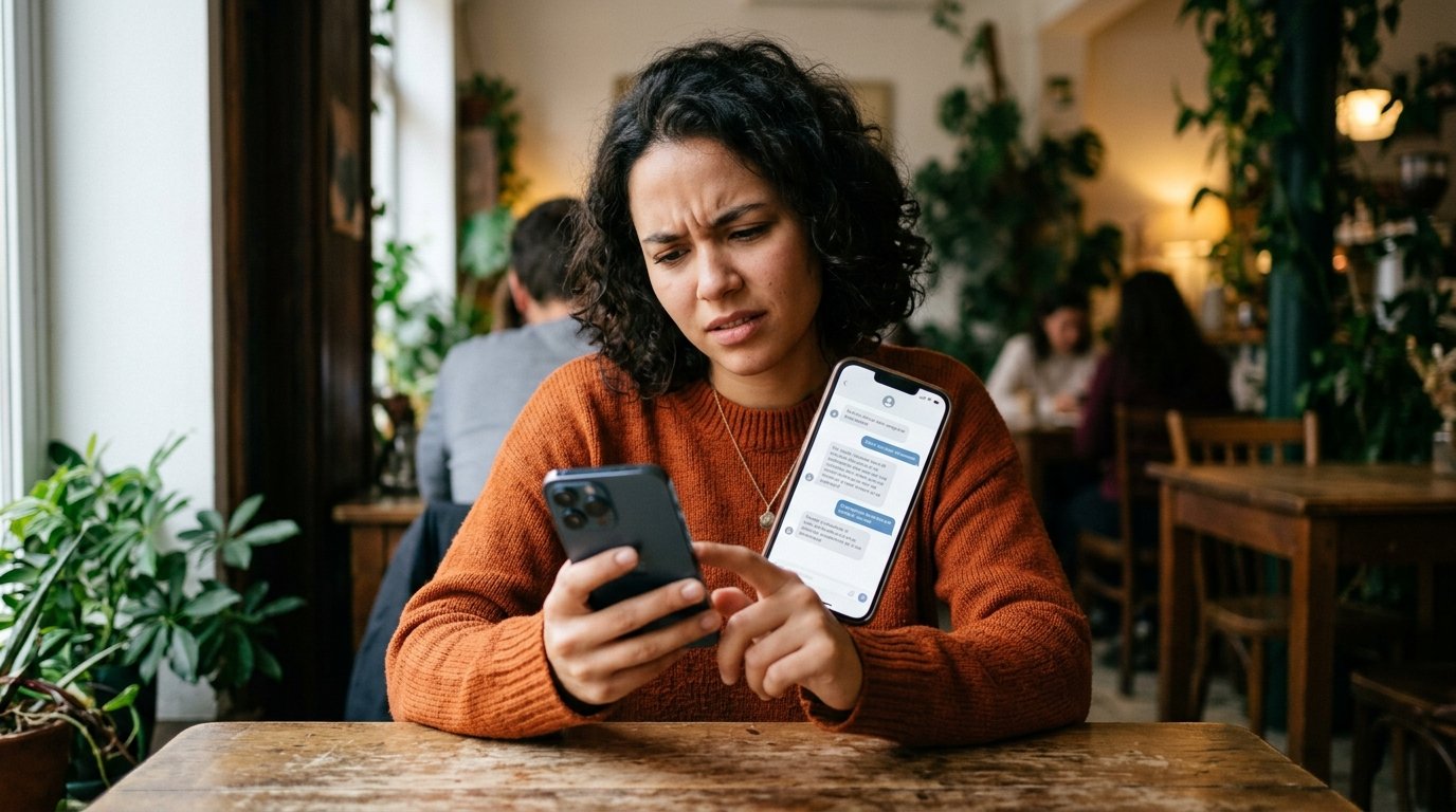 Pessoa segurando um smartphone com expressão de dúvida, ilustrando falhas na comunicação digital.