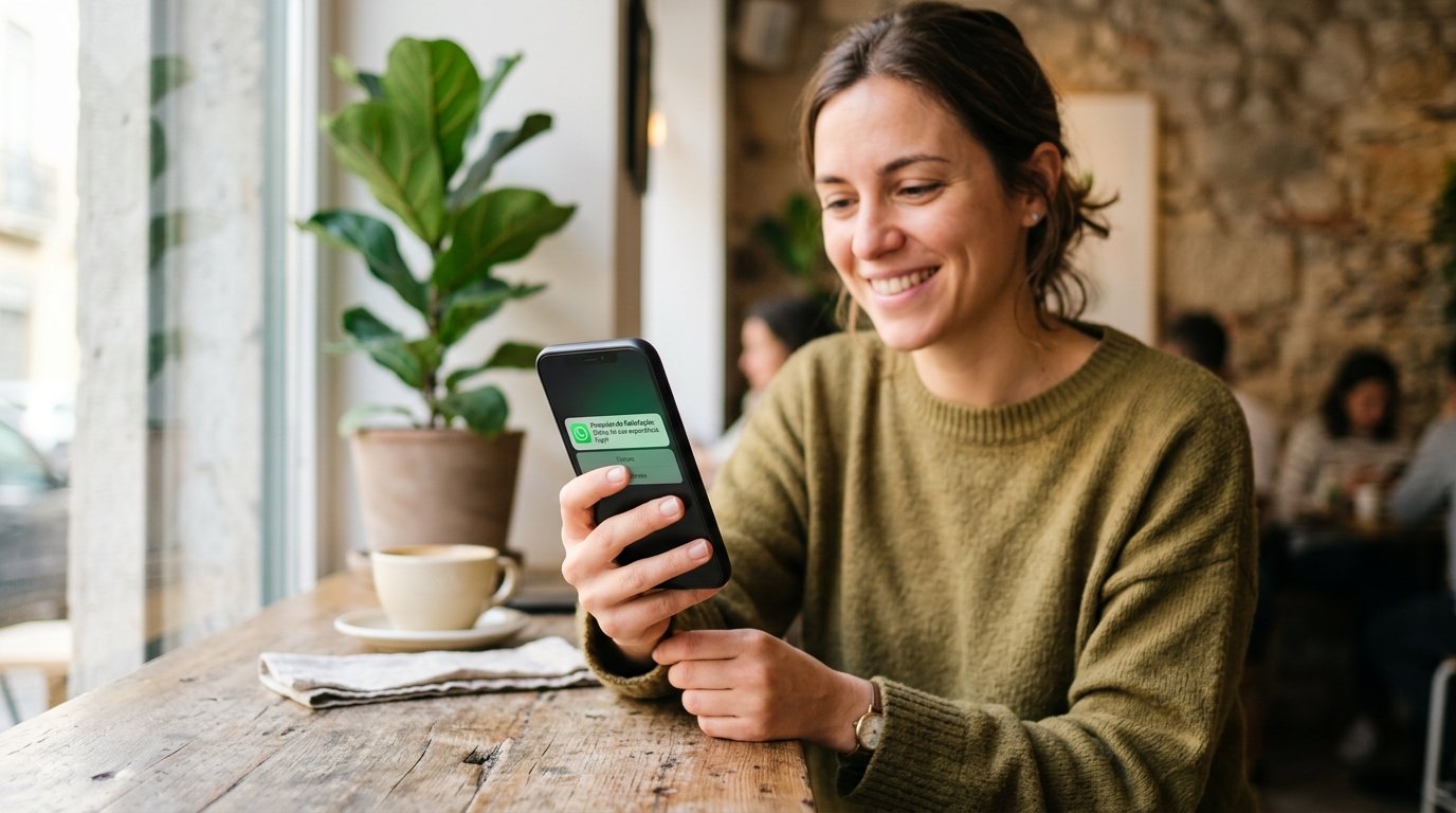 Pessoa segurando um smartphone com notificação de mensagem na tela, ilustrando o uso do aplicativo para comunicação.