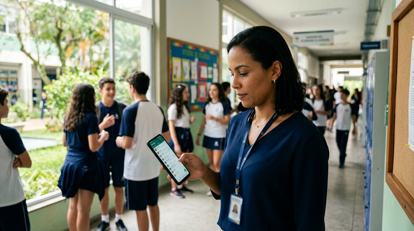 Profissional de educação utilizando um smartphone na escola