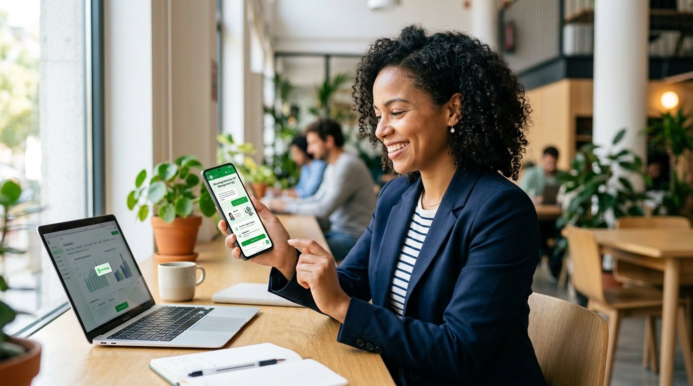 Profissional de negócios sorrindo enquanto utiliza um aplicativo de gestão no celular.