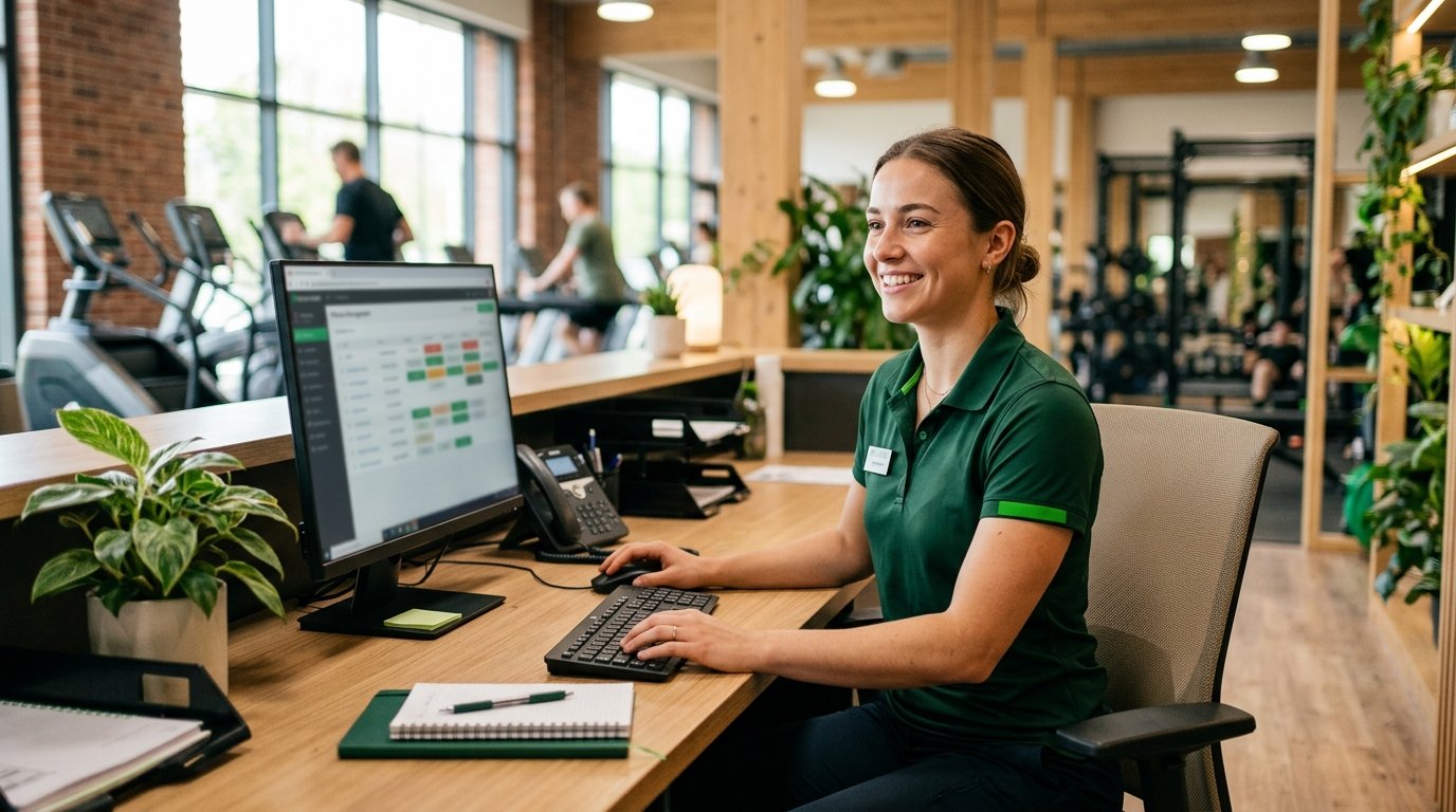 Recepcionista de academia trabalhando no computador com sorriso