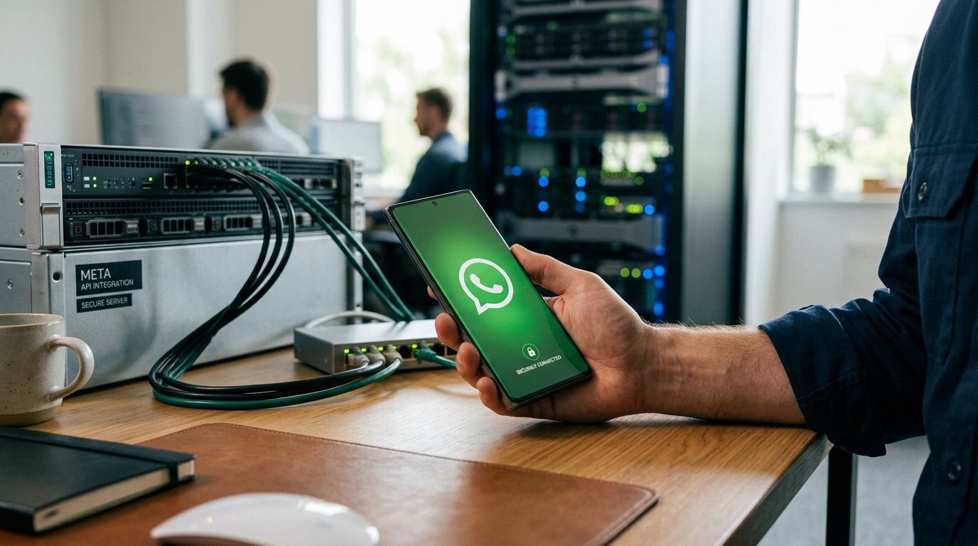 Representação visual de uma conexão segura entre servidores e um smartphone com o logotipo do WhatsApp.
