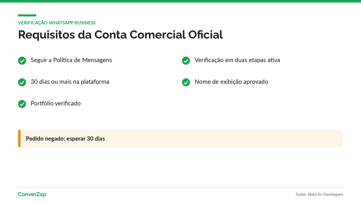 Requisitos do selo de Conta Comercial Oficial no WhatsApp