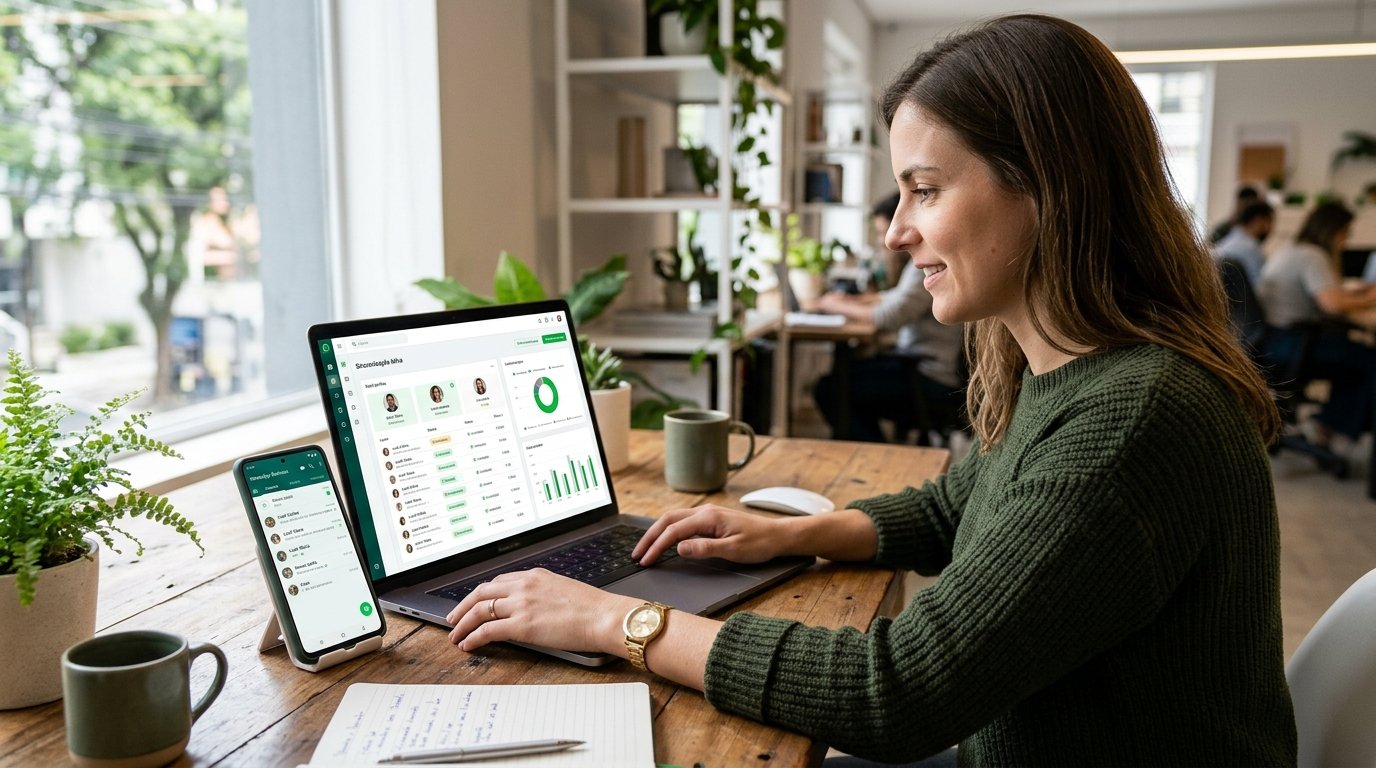 Sincronização entre um smartphone com WhatsApp Business e um painel web.
