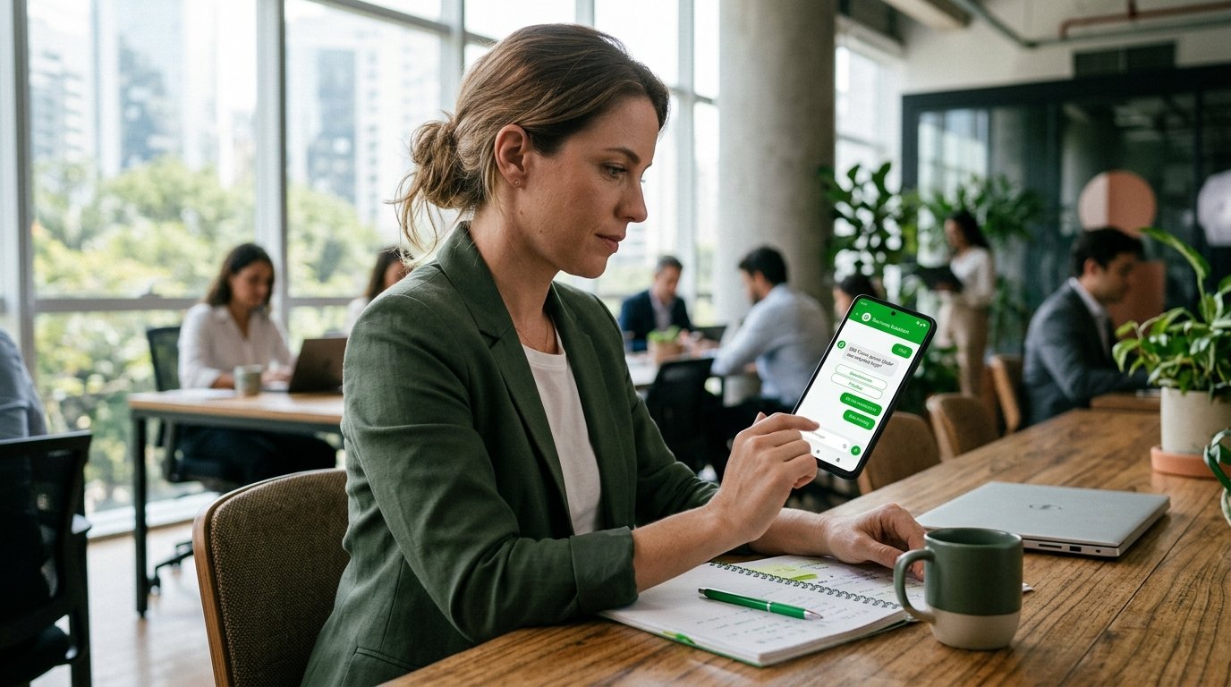 Smartphone exibindo uma interface de chat automatizado no ambiente de negócios