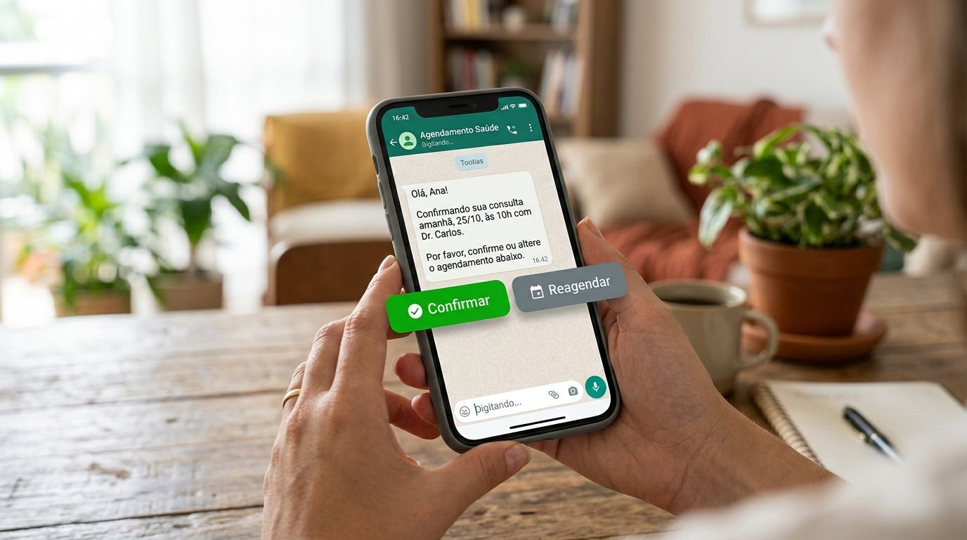 Tela de celular mostrando uma mensagem de WhatsApp com botões interativos de confirmação