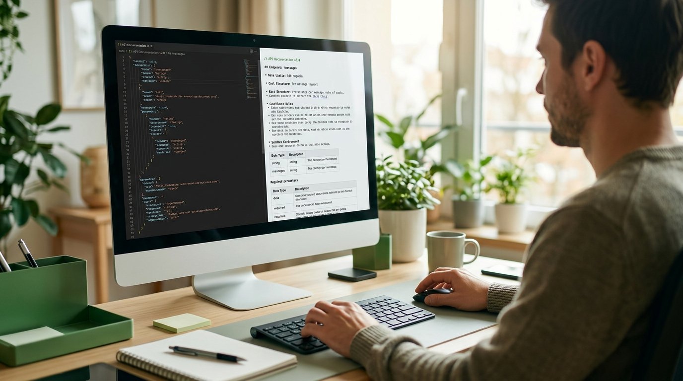 Tela de computador exibindo documentação técnica e regras de API
