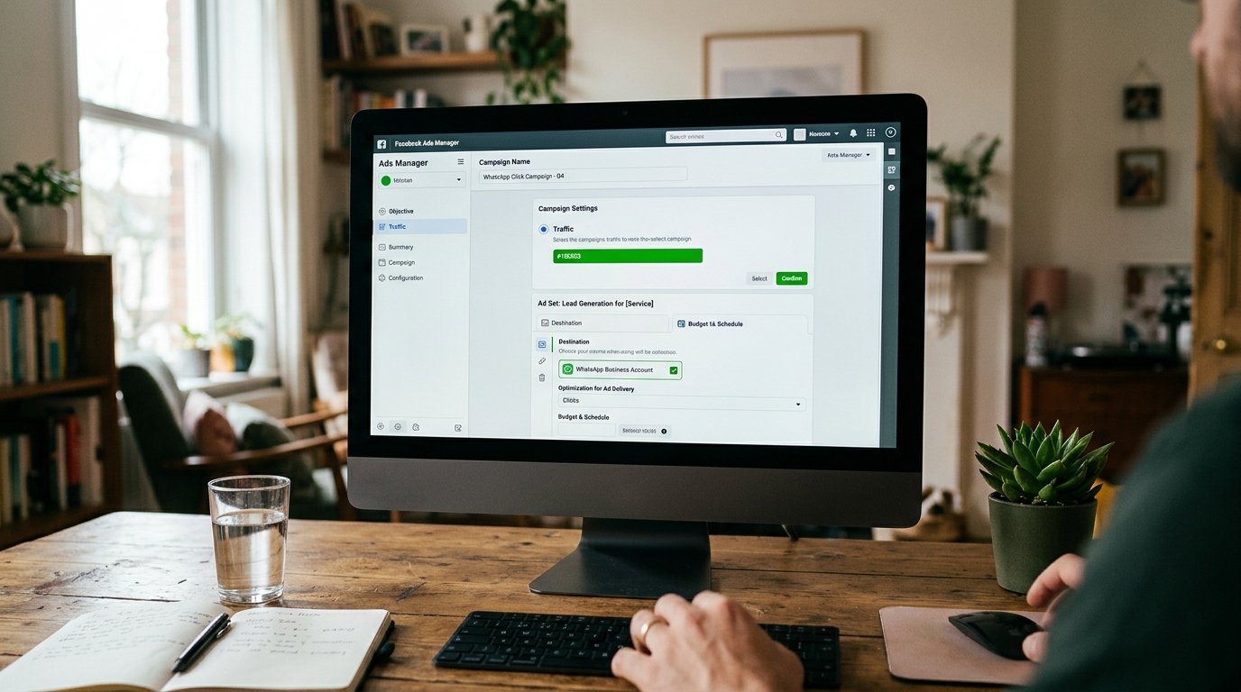 Tela de computador exibindo o Gerenciador de Anúncios da Meta com configurações de campanha.