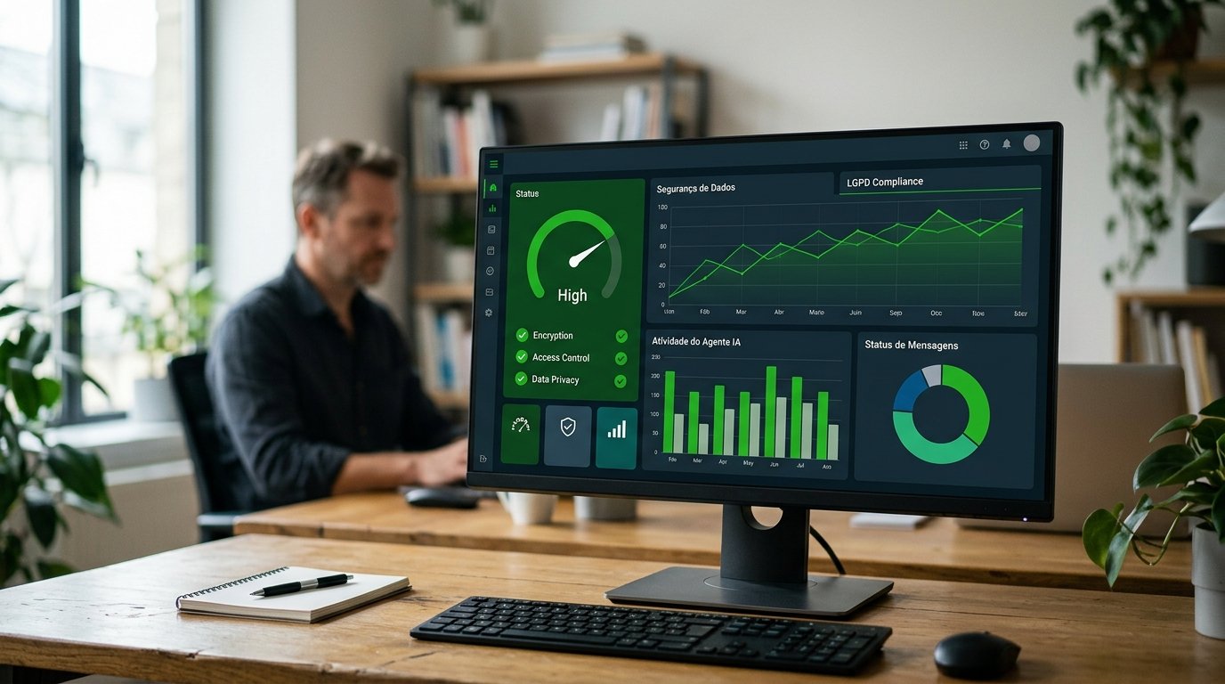 Tela de computador exibindo painéis de segurança de dados e métricas de desempenho.
