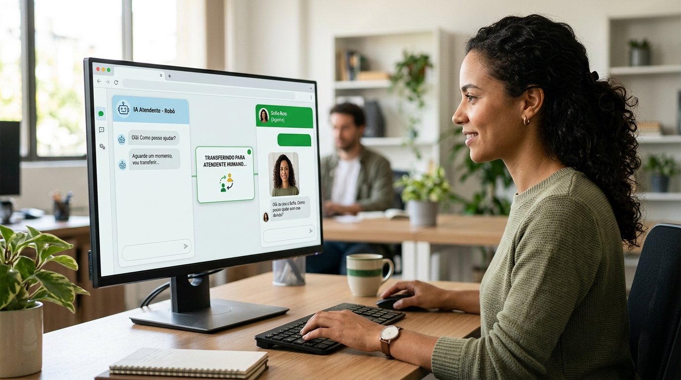 Tela de computador exibindo um painel de atendimento com transferência de chat de um robô para um operador.