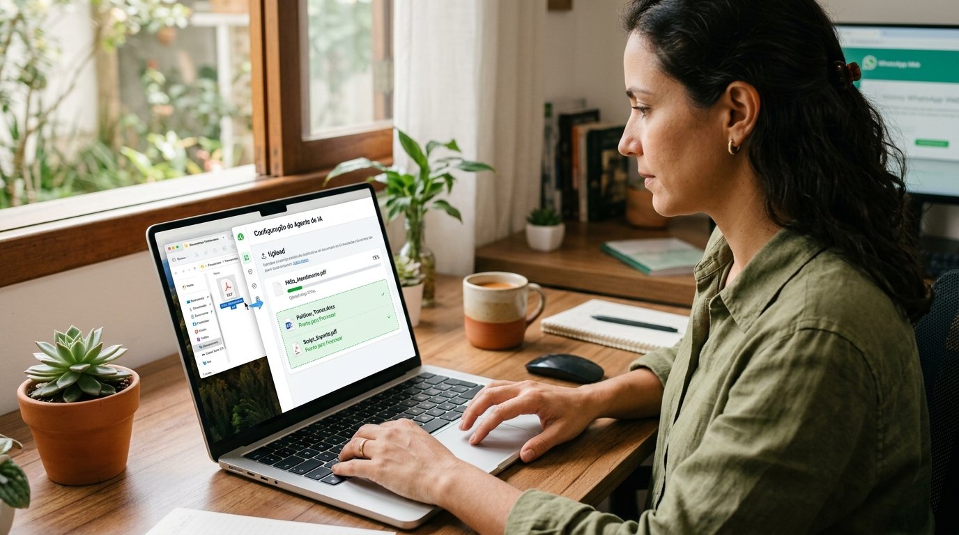 Tela de computador mostrando o upload de documentos para treinar um sistema.