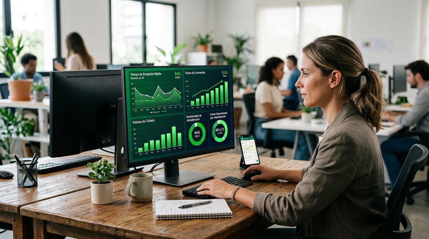 Tela de monitoramento exibindo gráficos de desempenho, taxas de conversão e custos operacionais.