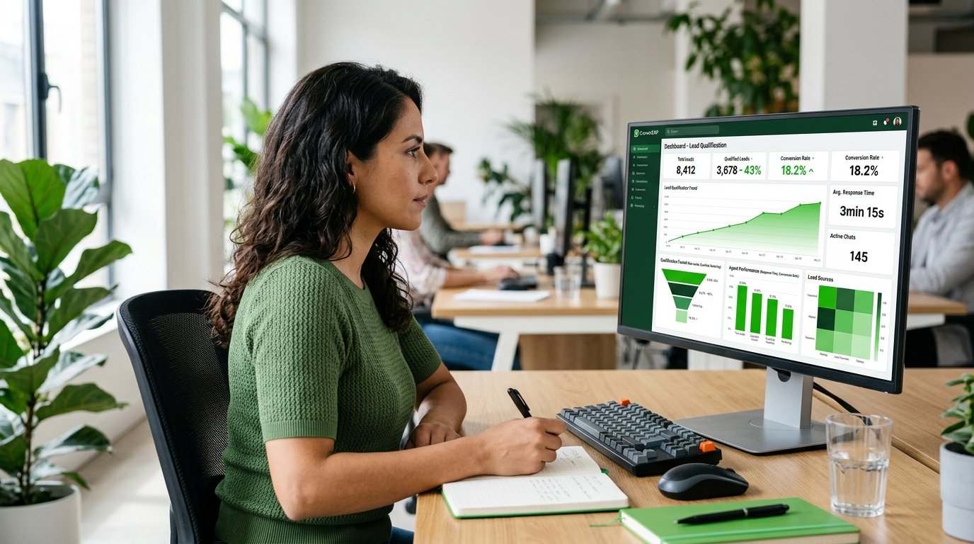 Tela de painel de controle mostrando métricas de conversão e atendimento.