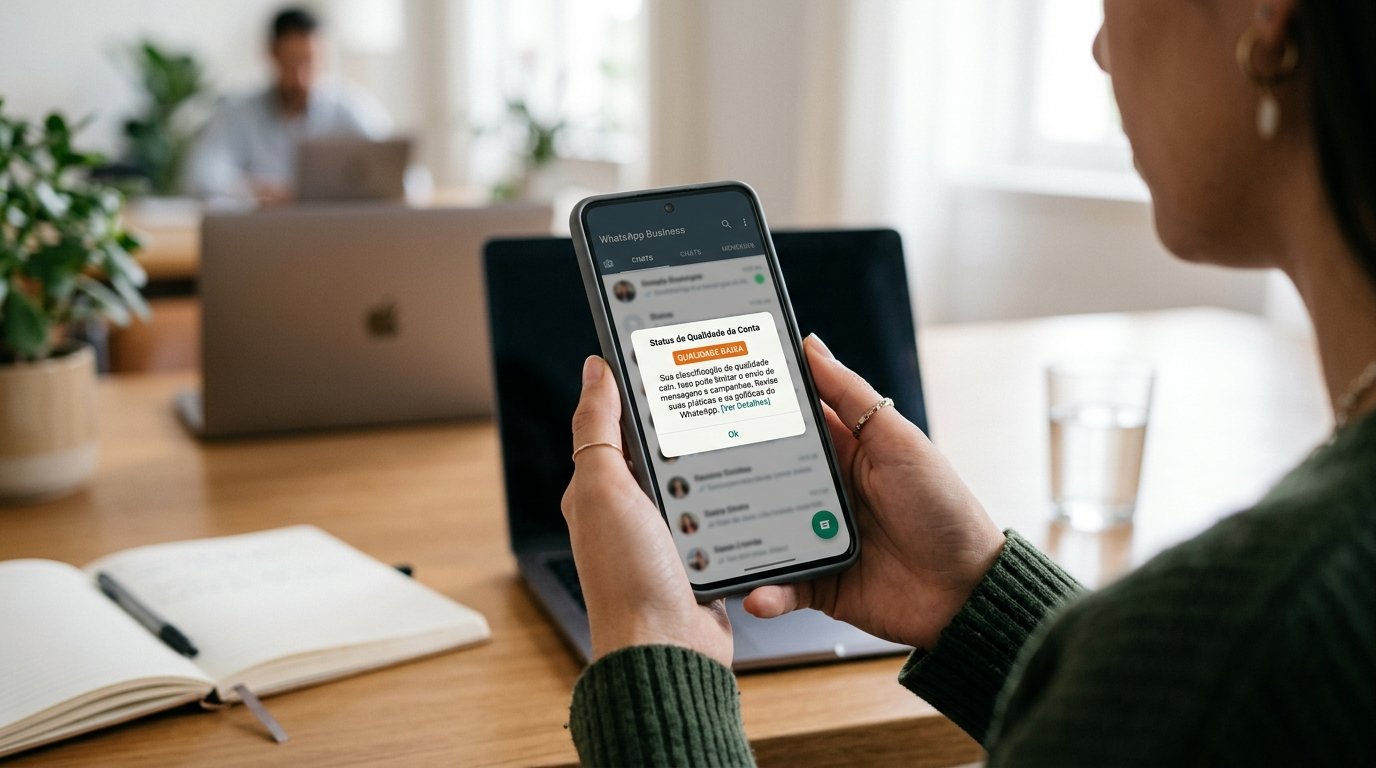 Tela de smartphone exibindo um alerta de status de qualidade de conta no WhatsApp Business
