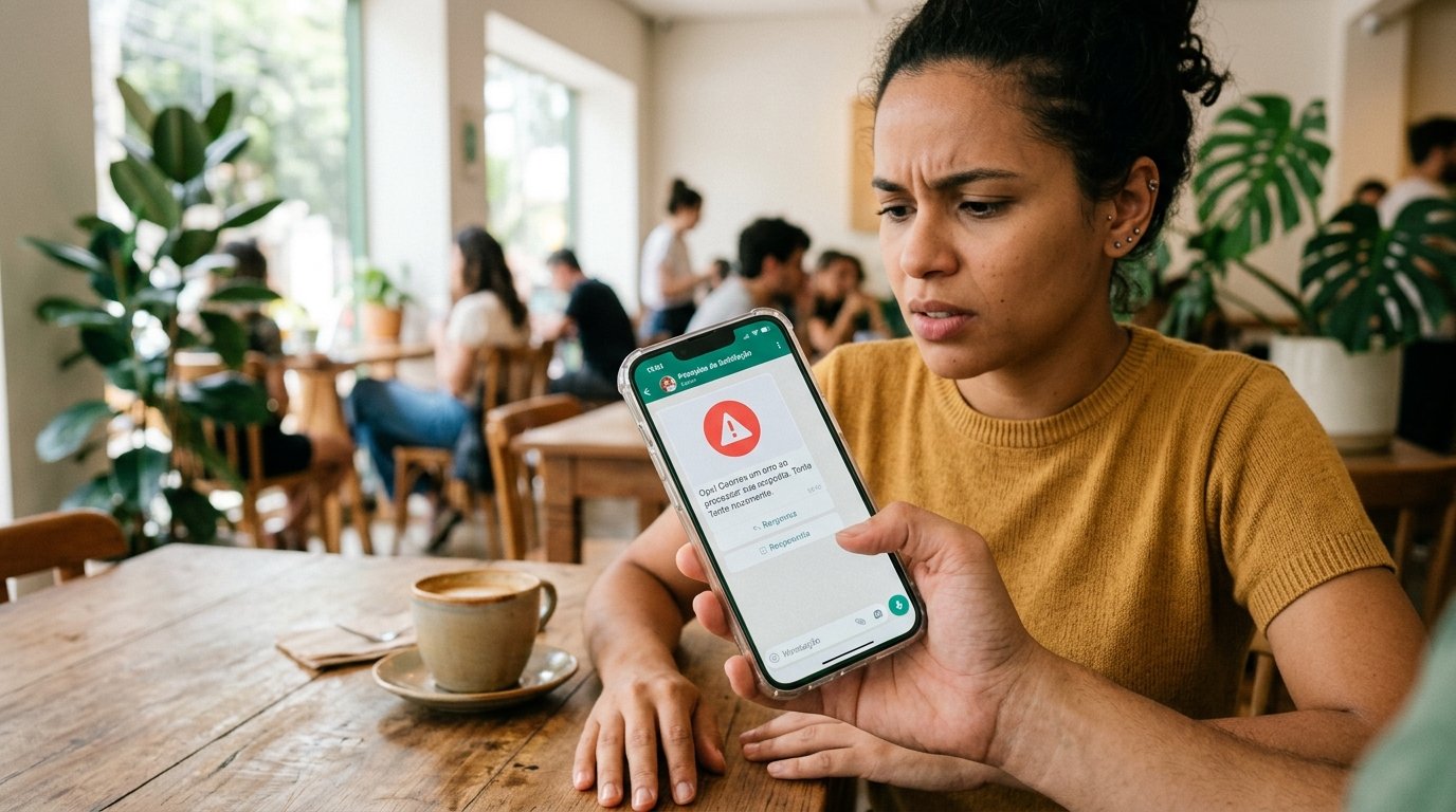 Tela de smartphone exibindo um ícone de alerta ou erro, ilustrando falhas na comunicação.