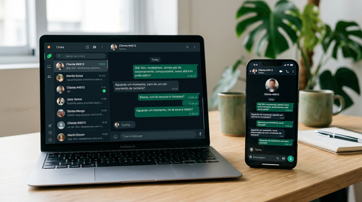 Um smartphone e um notebook lado a lado, mostrando o mesmo aplicativo de mensagens sincronizado.
