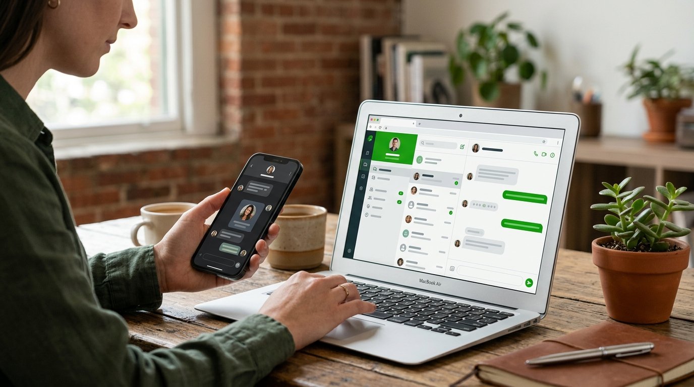 Um smartphone e um notebook sincronizados, ilustrando o uso simultâneo de plataformas.