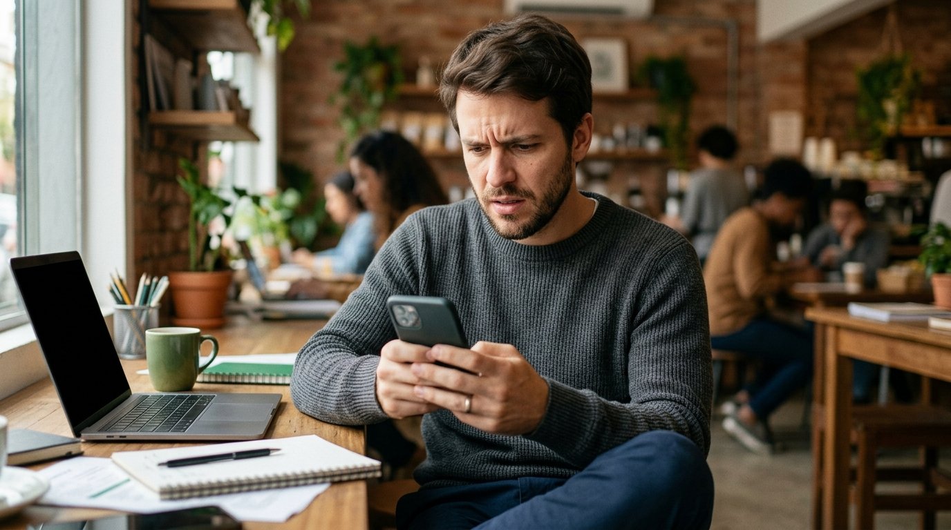 Usuário olhando para o smartphone com expressão de dúvida, representando falhas de comunicação.