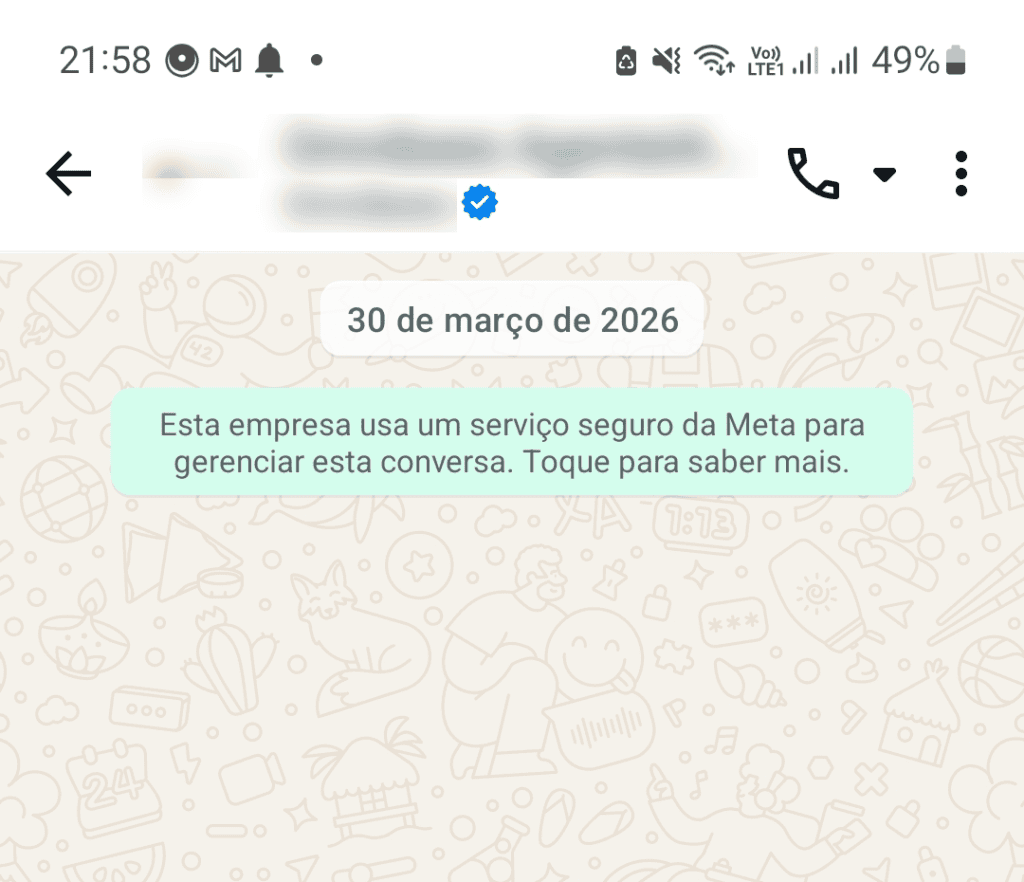 Conversa no WhatsApp com selo de empresa verificada e aviso de serviço seguro da Meta, exibido nas conversas pela API oficial