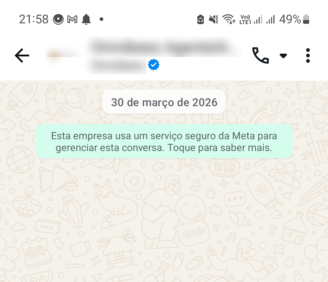 Conversa no WhatsApp com selo de empresa verificada e aviso de serviço seguro da Meta, exibido nas conversas pela API oficial