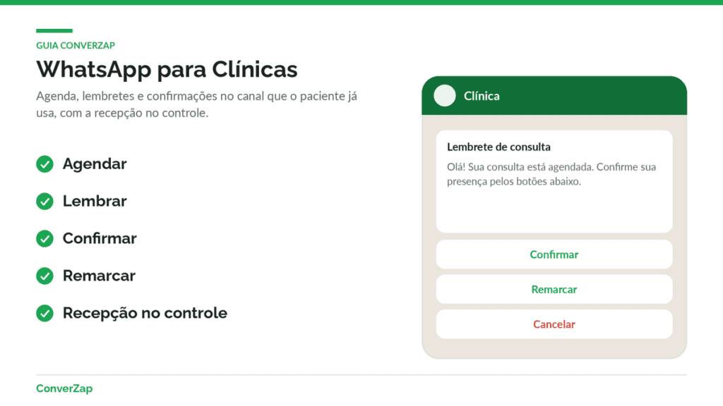 WhatsApp para clínicas com lembrete de consulta e botões de confirmar, remarcar e cancelar