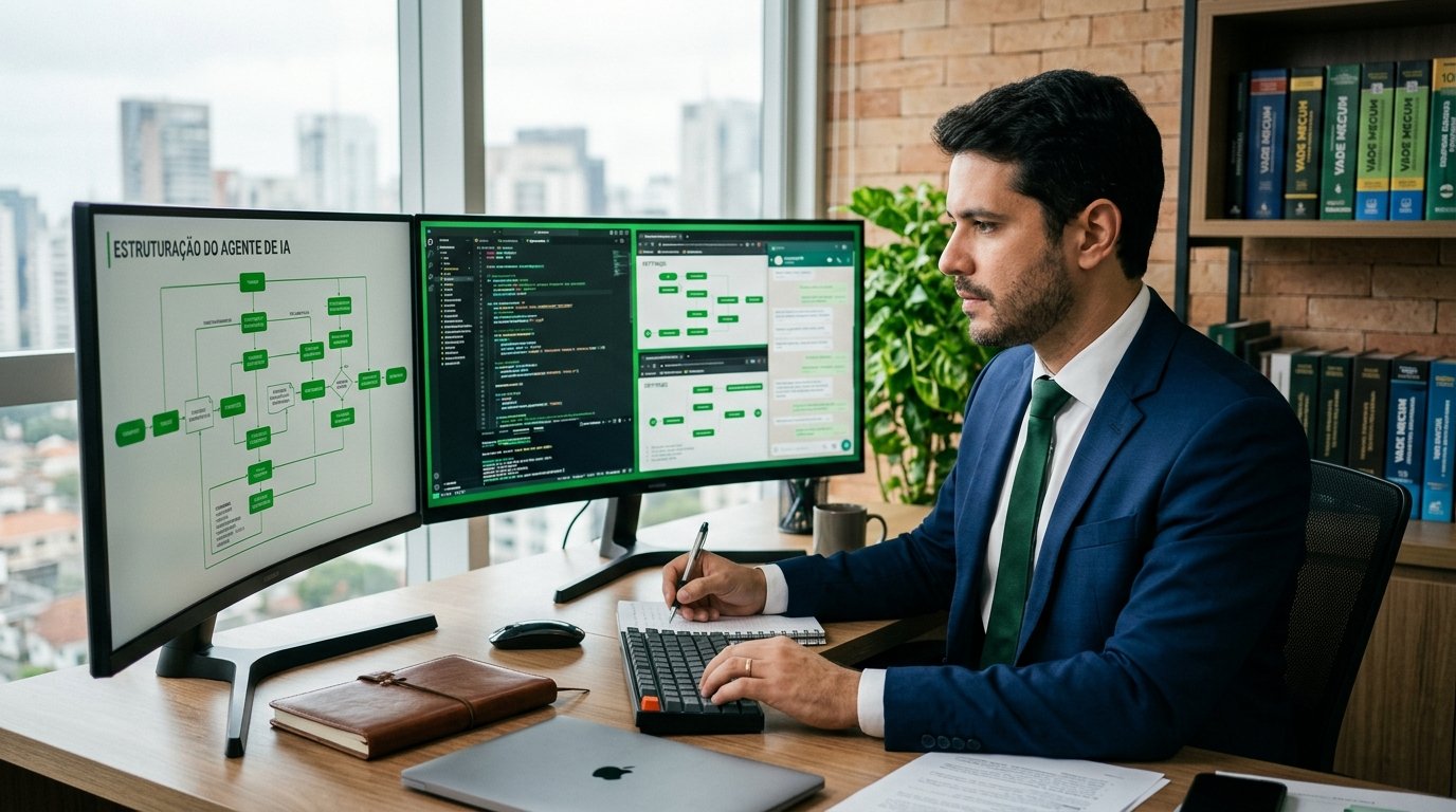 Advogado trabalhando em dois monitores configurando sistemas do escritório.