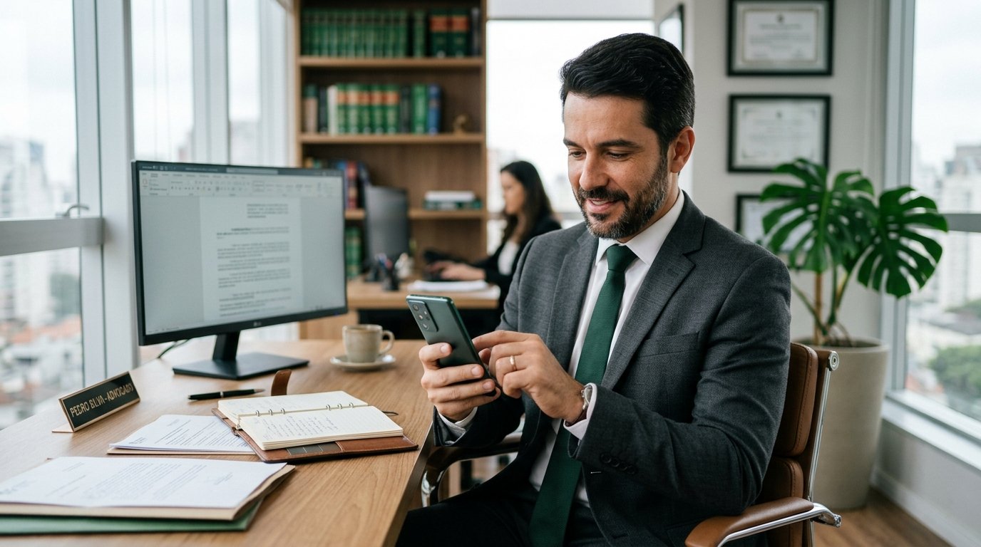 Advogado utilizando o smartphone no escritório para atendimento via WhatsApp.