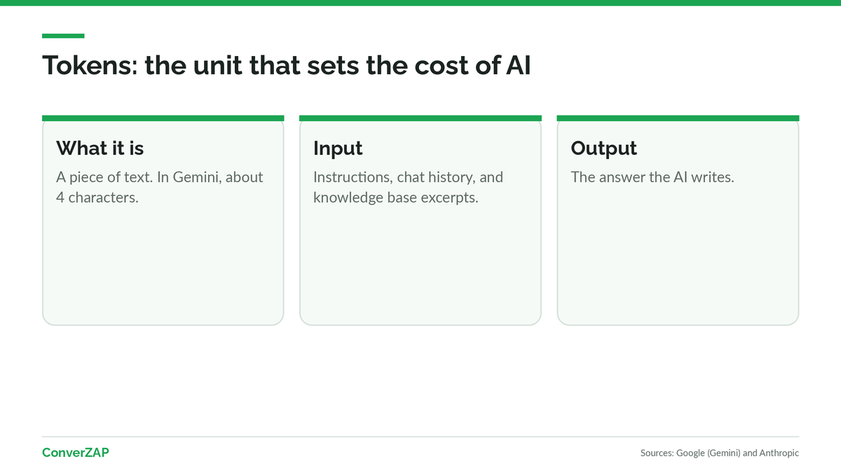 AI costs explained: what a token is, how input and output are billed, and what drives the bill up when training AI on company data