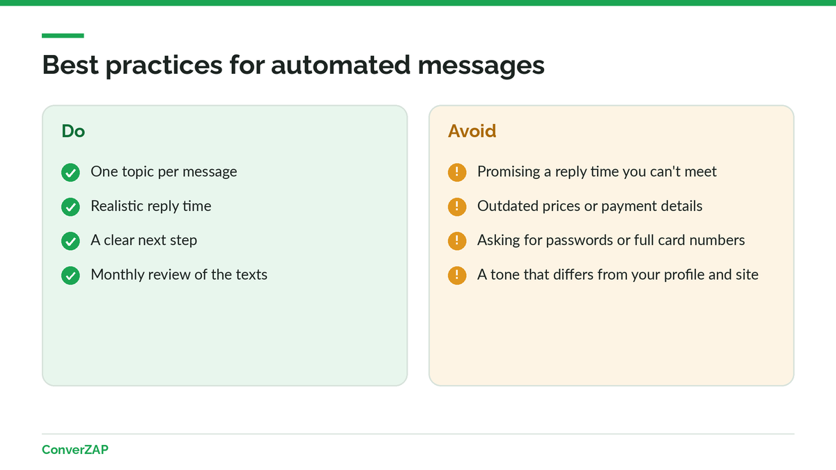 Best practices for WhatsApp Business automated messages: clarity, realistic reply times, a clear next step, and regular text reviews