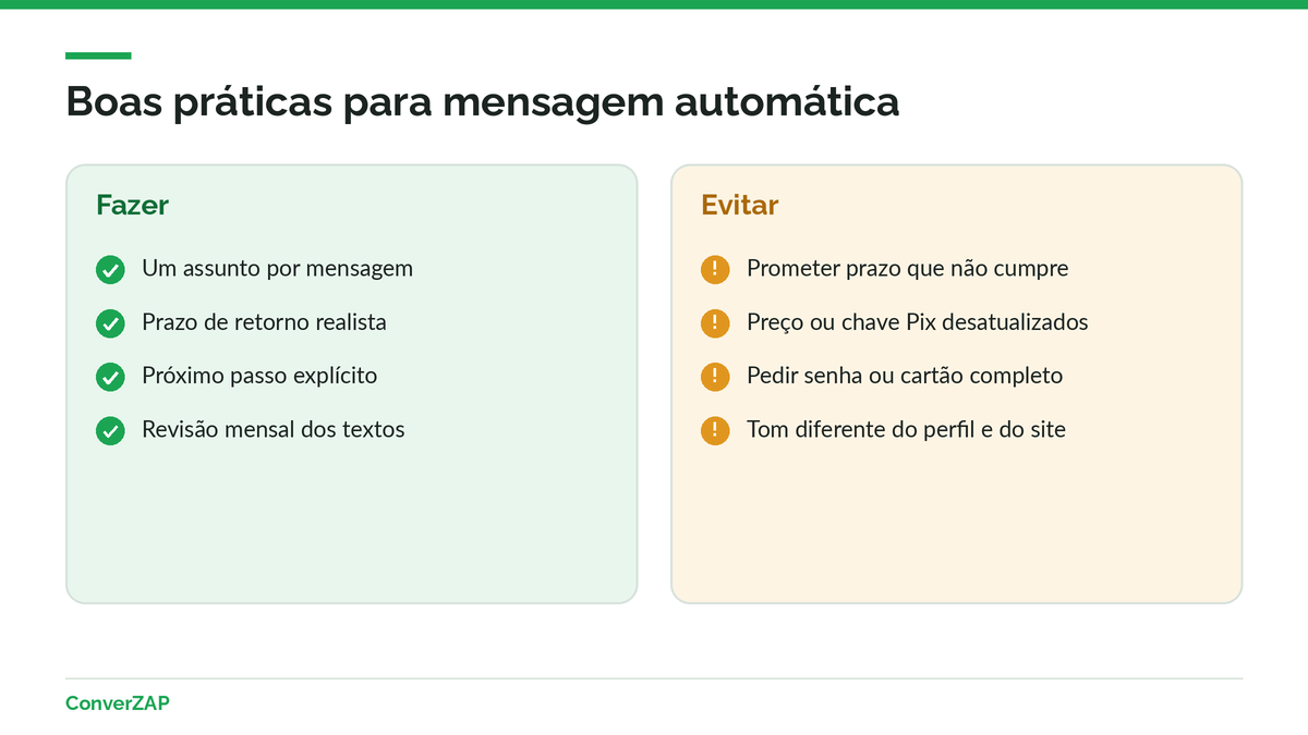Boas práticas para mensagem automática no WhatsApp Business: clareza, prazo de retorno, próximo passo e revisão periódica dos textos