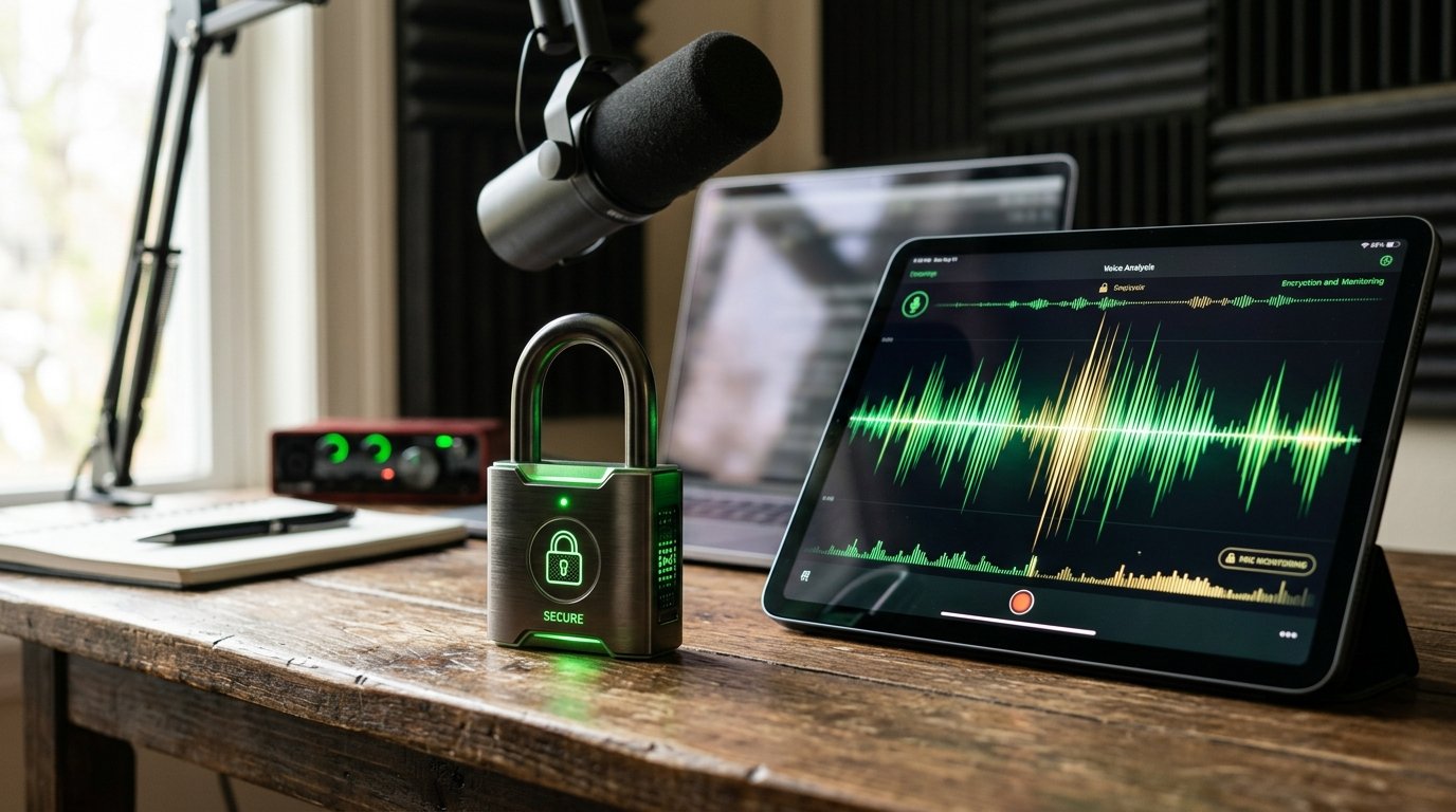 Cadeado digital e ondas sonoras, representando a segurança e a privacidade da voz.