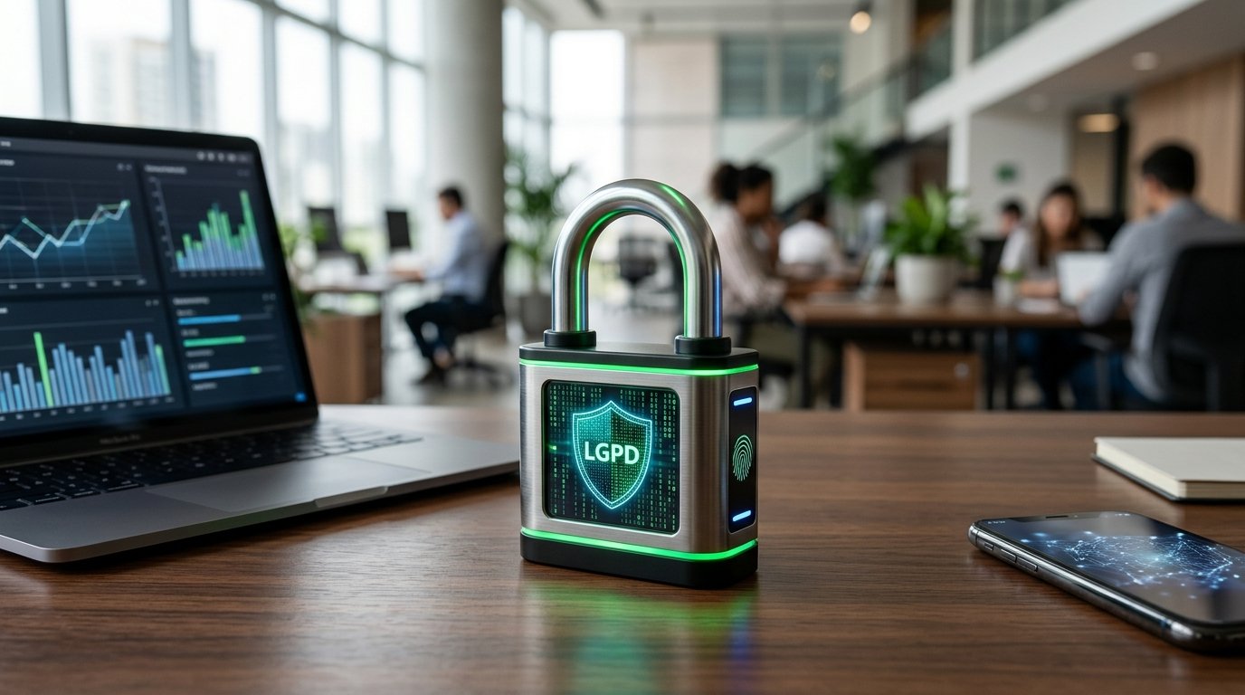 Cadeado digital representando a proteção de dados e conformidade com a LGPD.