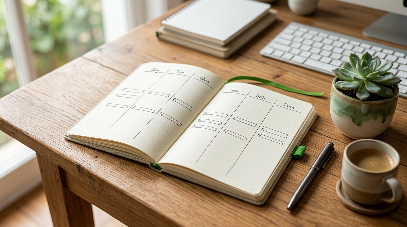 Caderno de planejamento semanal aberto em uma mesa de trabalho