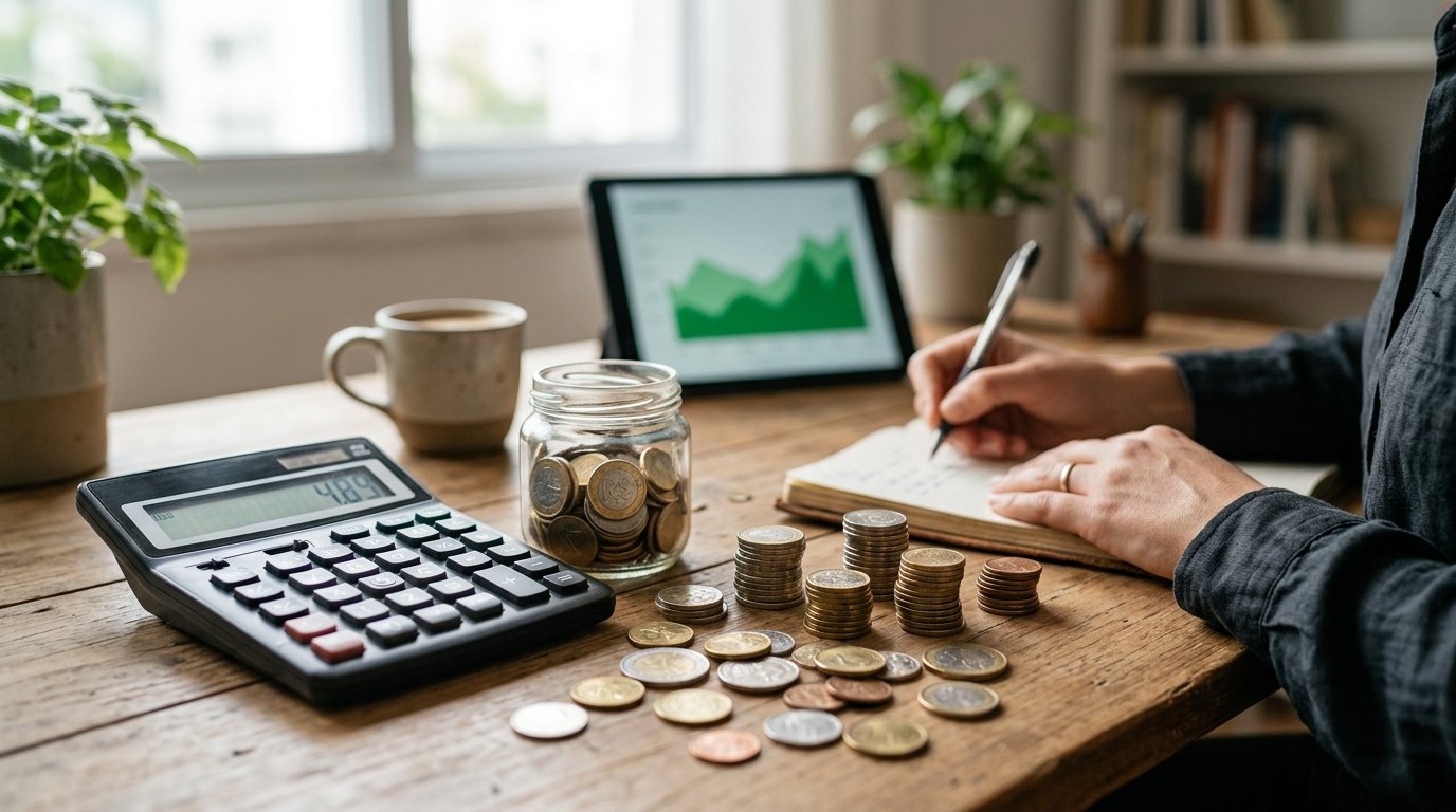 Calculadora e moedas representando o cálculo de custos e tarifas