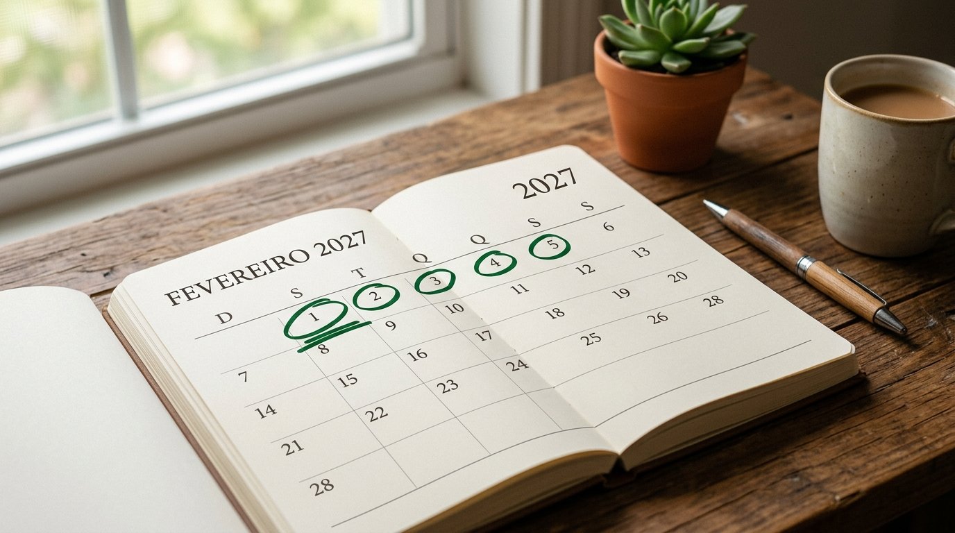 Calendário destacando o mês de fevereiro de 2027, marcando a entrada das novas regras do YouTube.